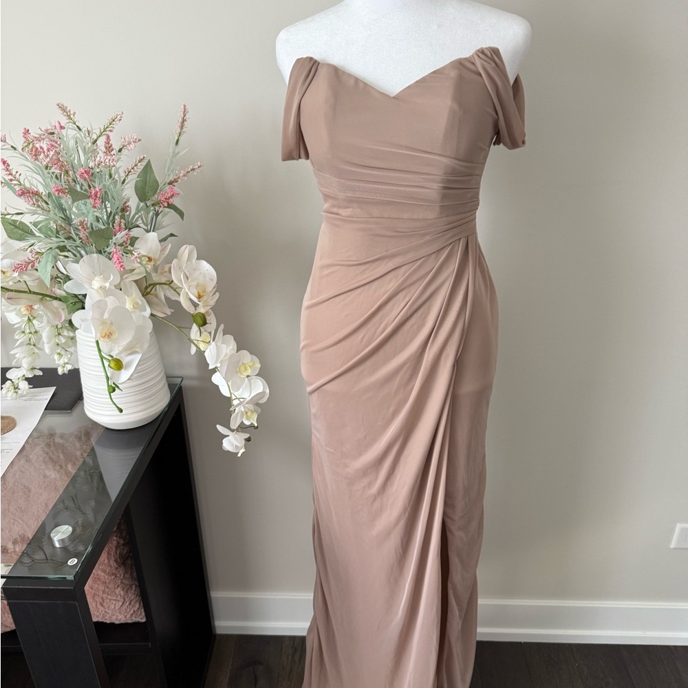 Azazie Off-Shoulder Taupe Selma Gown